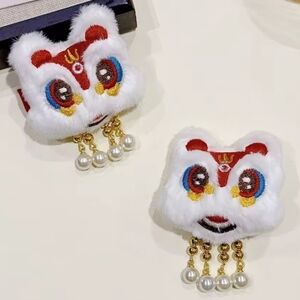 2 White Furry Lion Head Hair Clips with Pearls